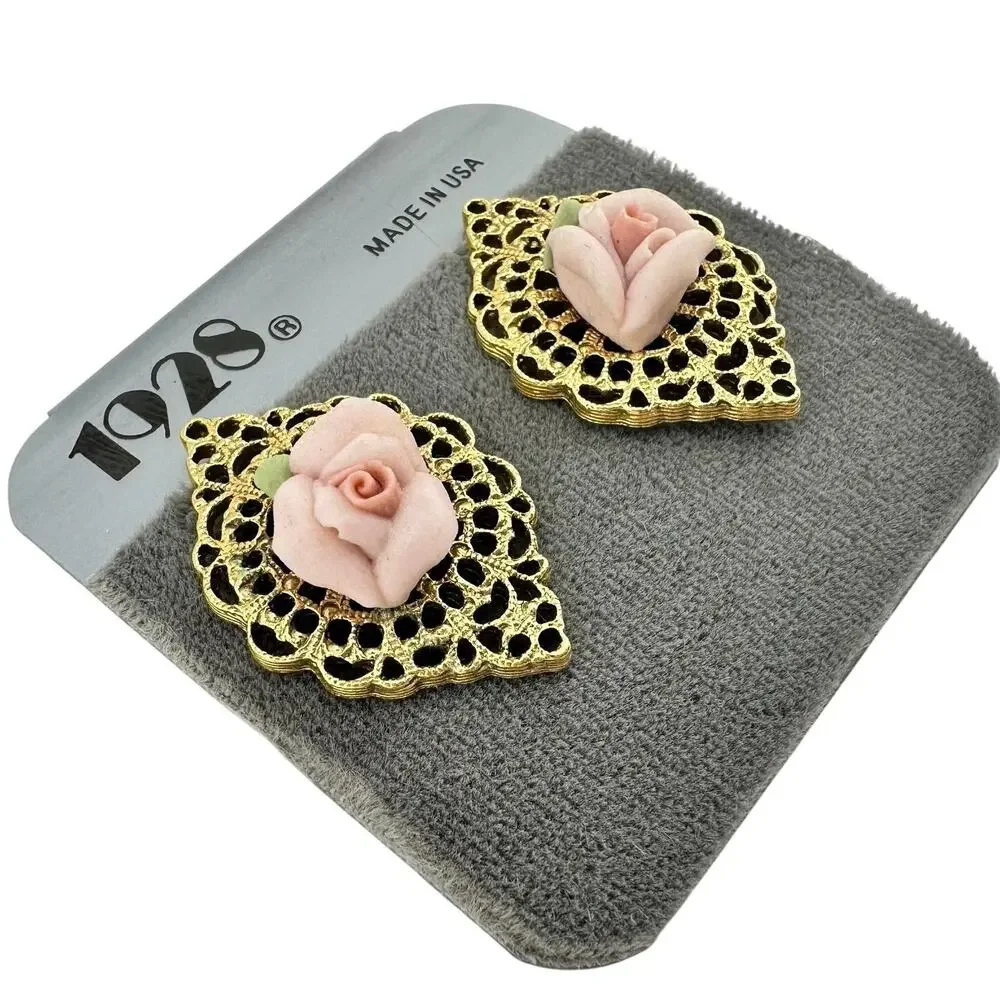 1928 NWT Vintage Style Pink Porcelain Rose Gold Tone Filigree 1